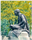 Statue of Gandhi in front of laburnums.