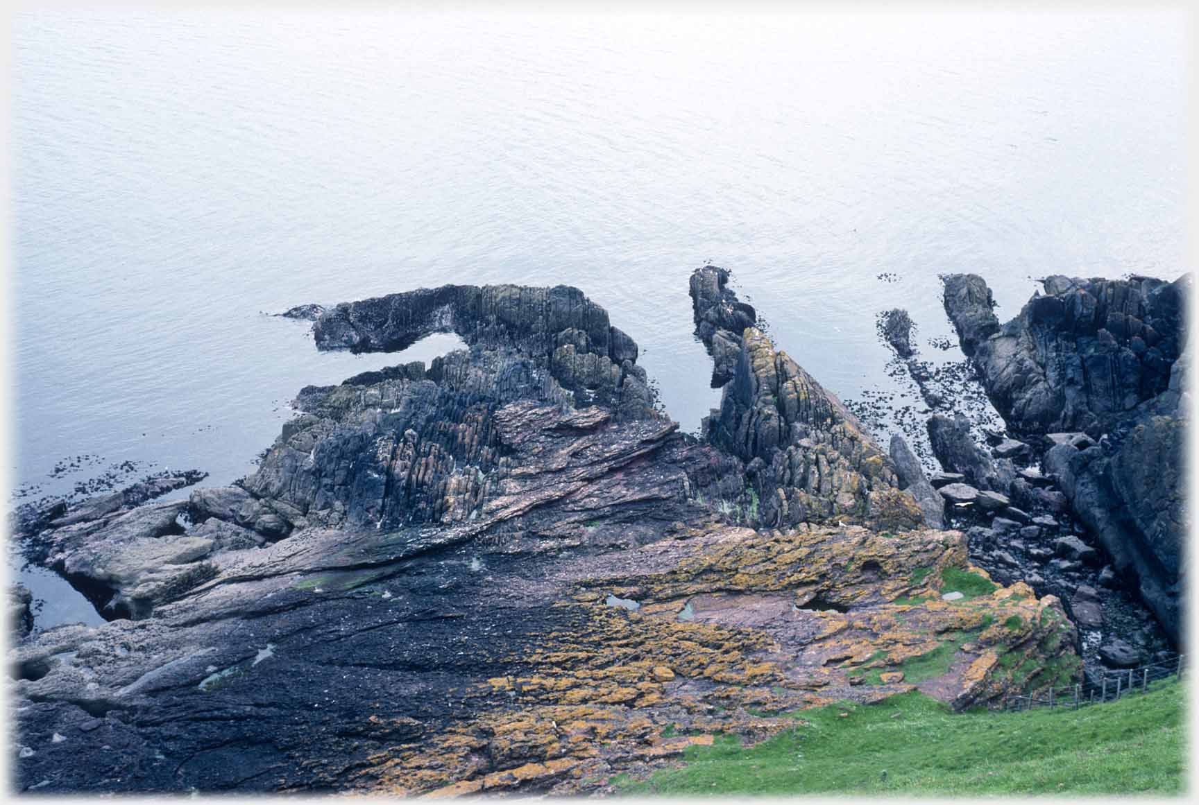 Vertical banding of rocks pointing into the sea.