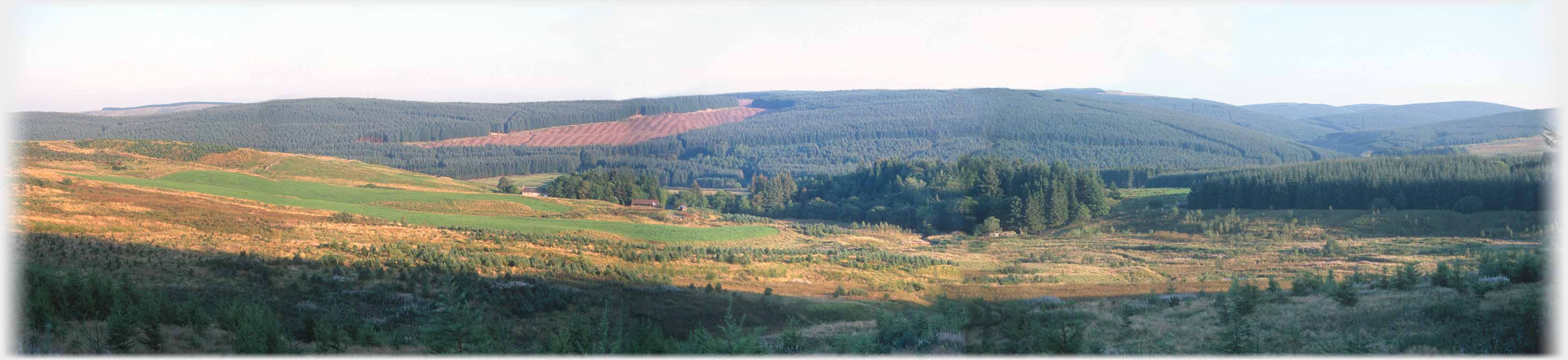 Panarama of rough lands, fields, forests into distance and a couple of small houses.