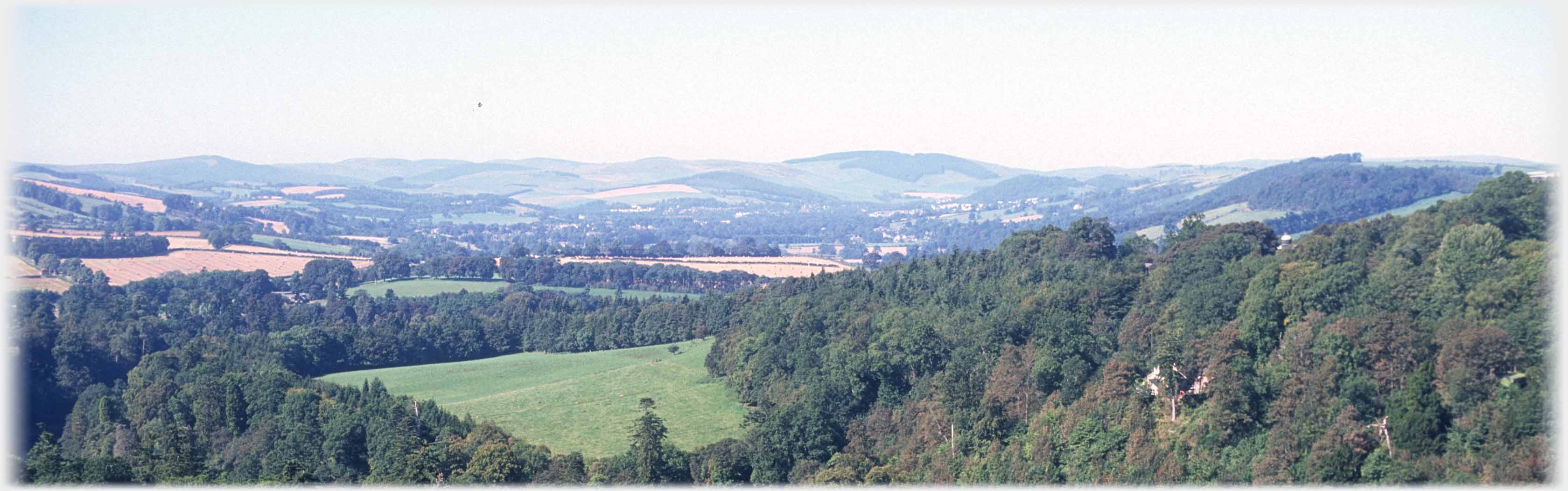 Wide open valley with trees in foreground.