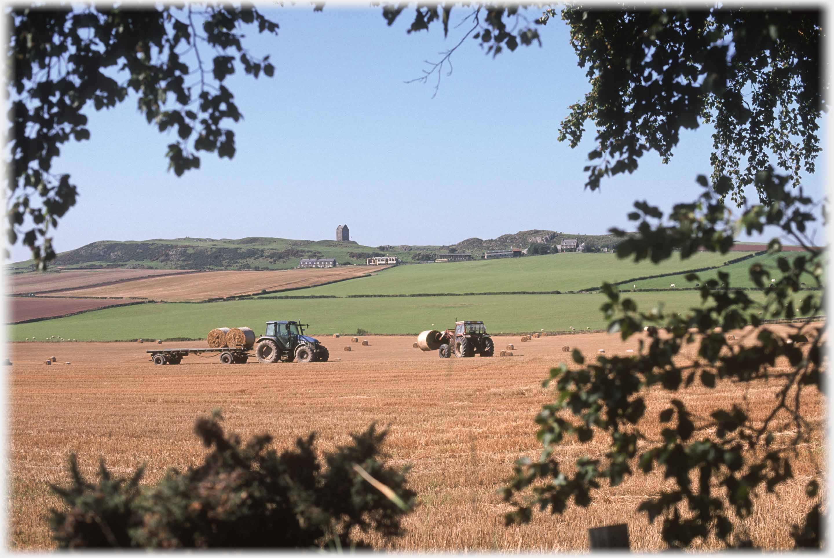 Two tractors in field with tower house behind, framed by trees.