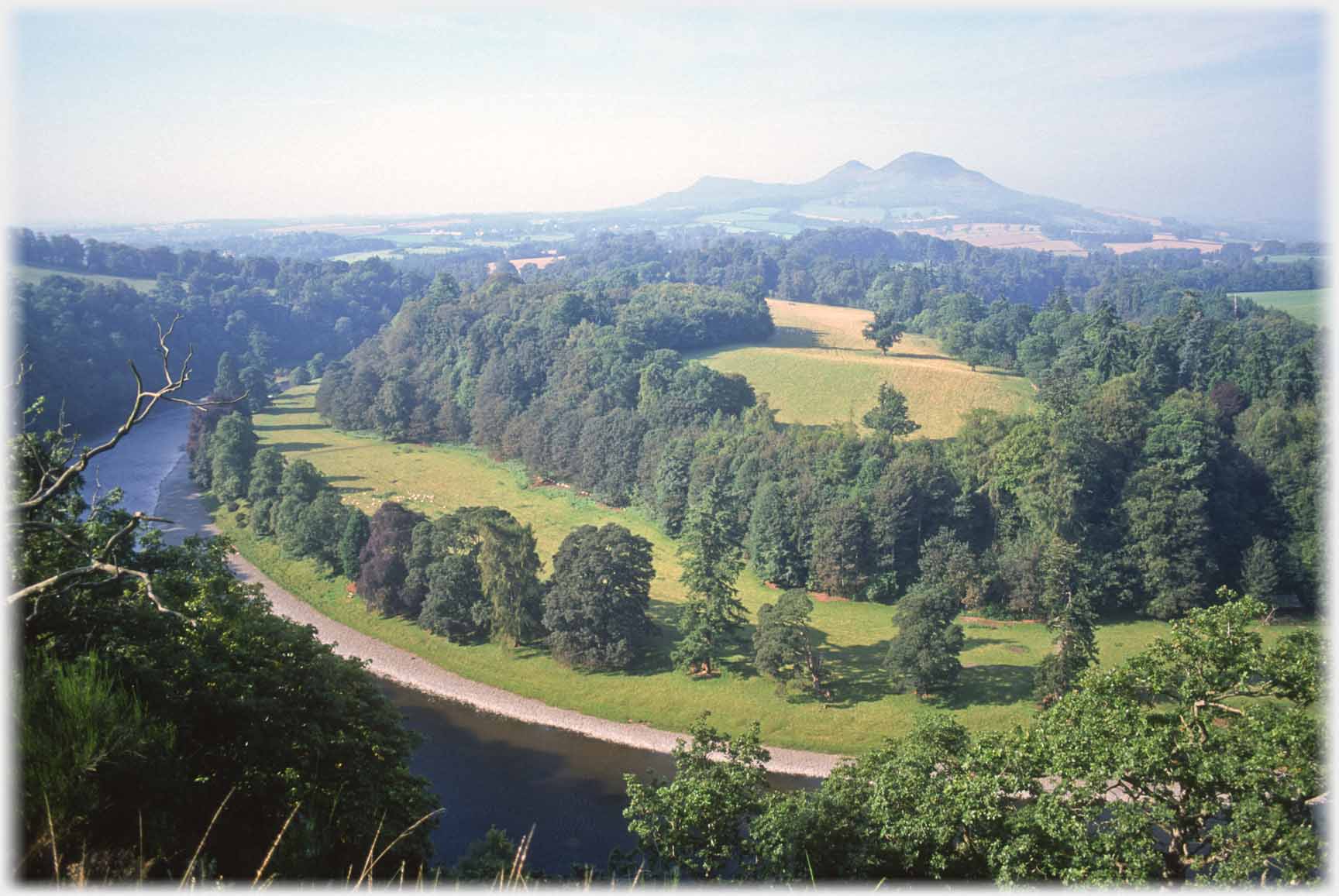 Eildons with river curving at left.