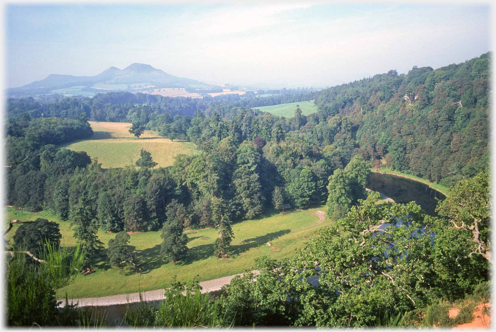 Eildons with river curving at right.