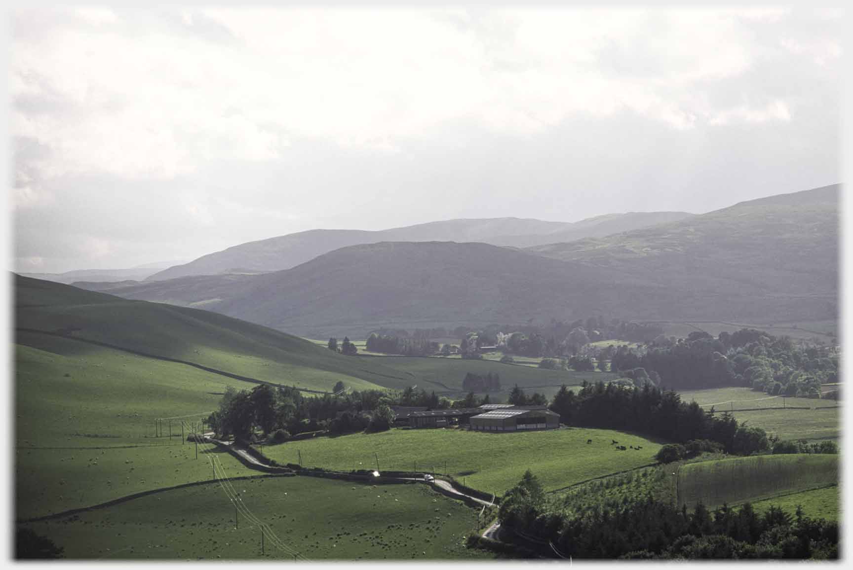 Wide open valley with twisting road and trees.