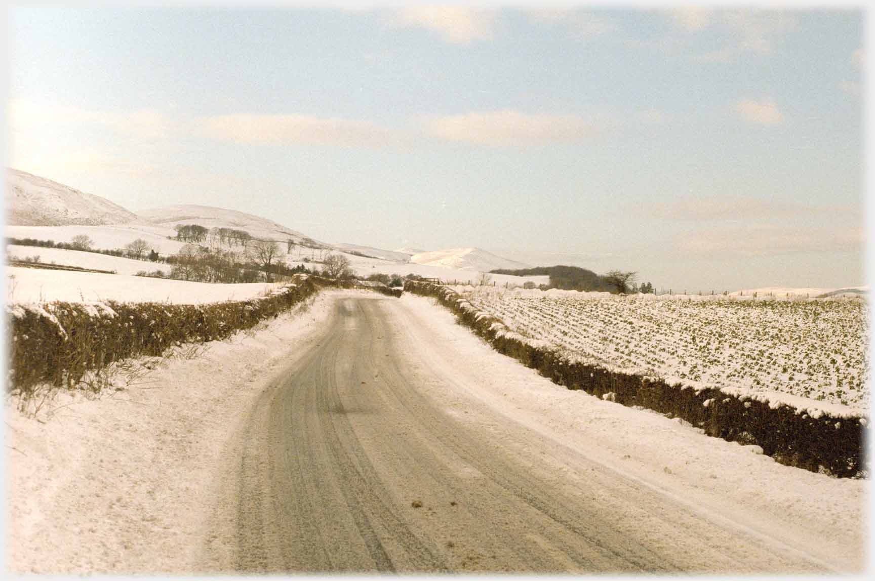 Snowed landscape, lightly covered road running away