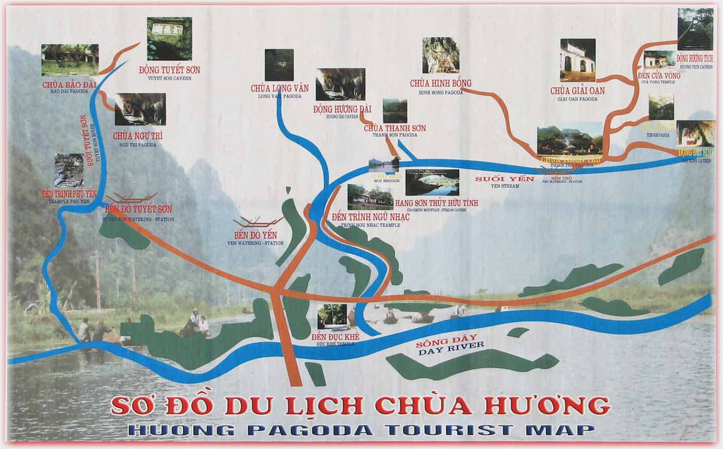 Diagram with many photos of points of interest along styalised roads and rivers