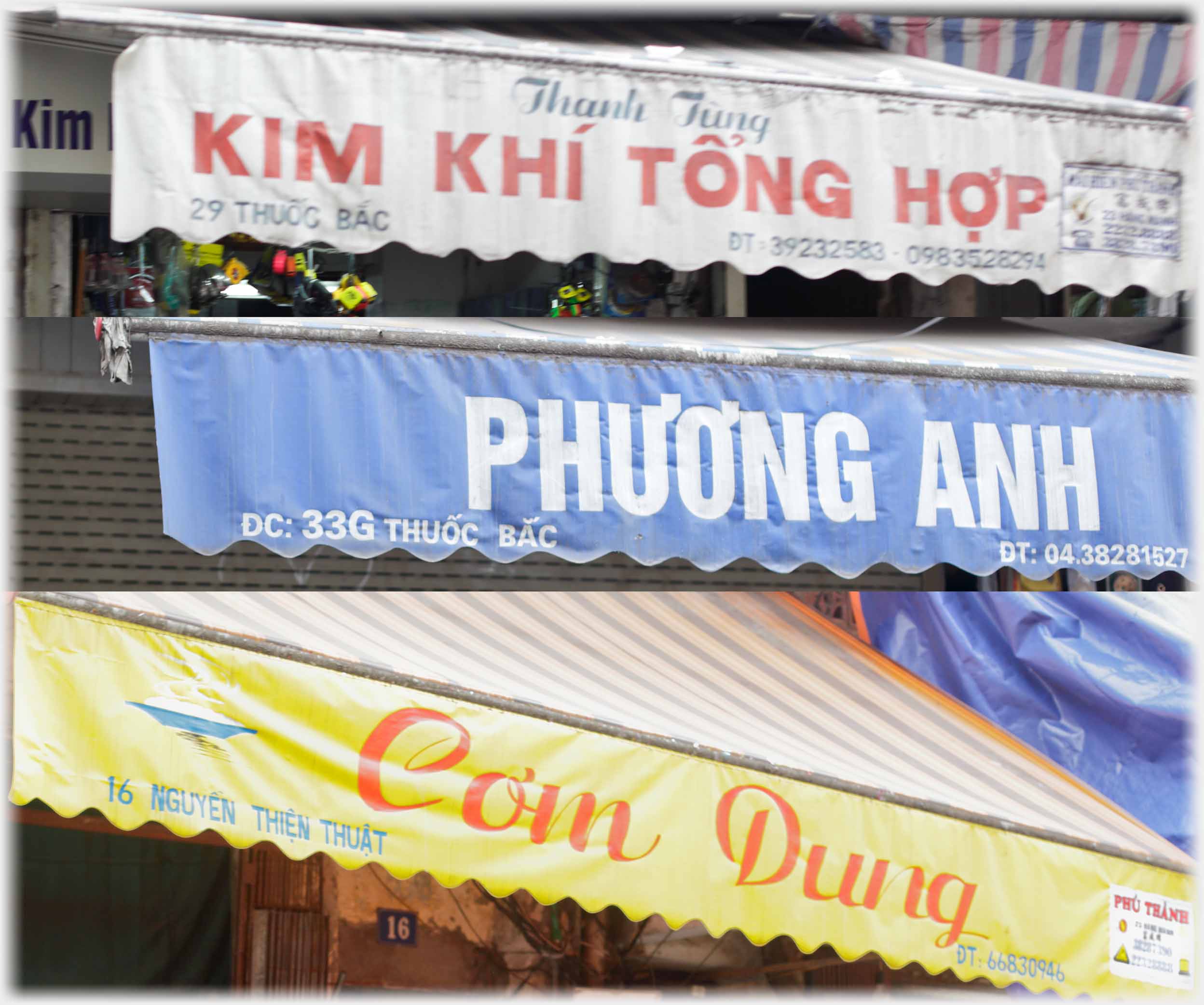 Composite photo of three awnings with writing.