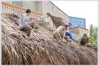 Men working on thatched roof.