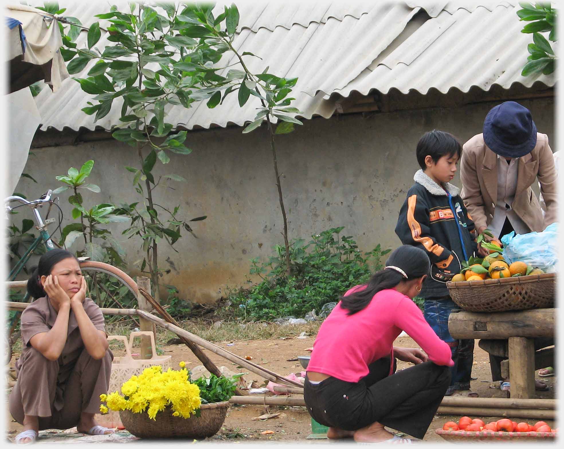 Woman hunkered by basket of flowers, other people by fruit.