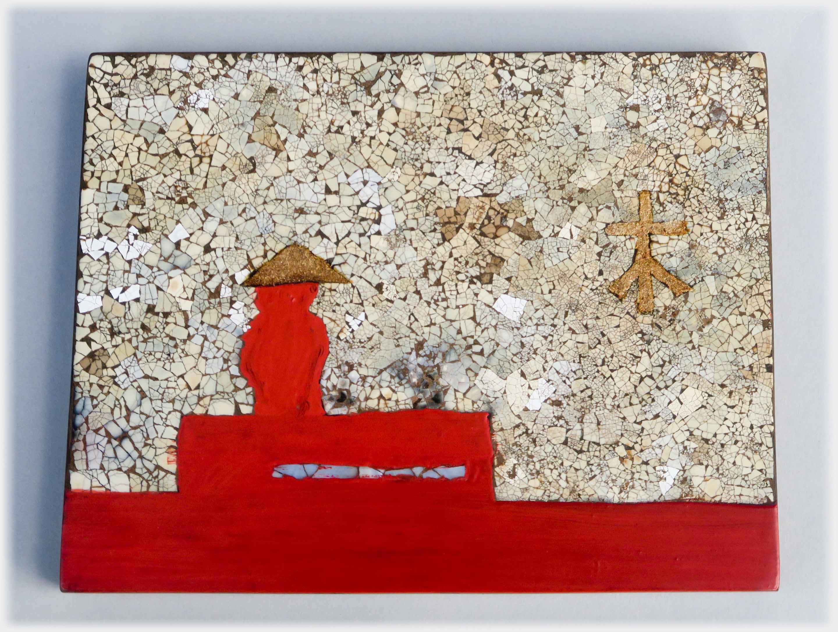 Small lacquer panel of VN hatted figure on bench with character on mosaic background.